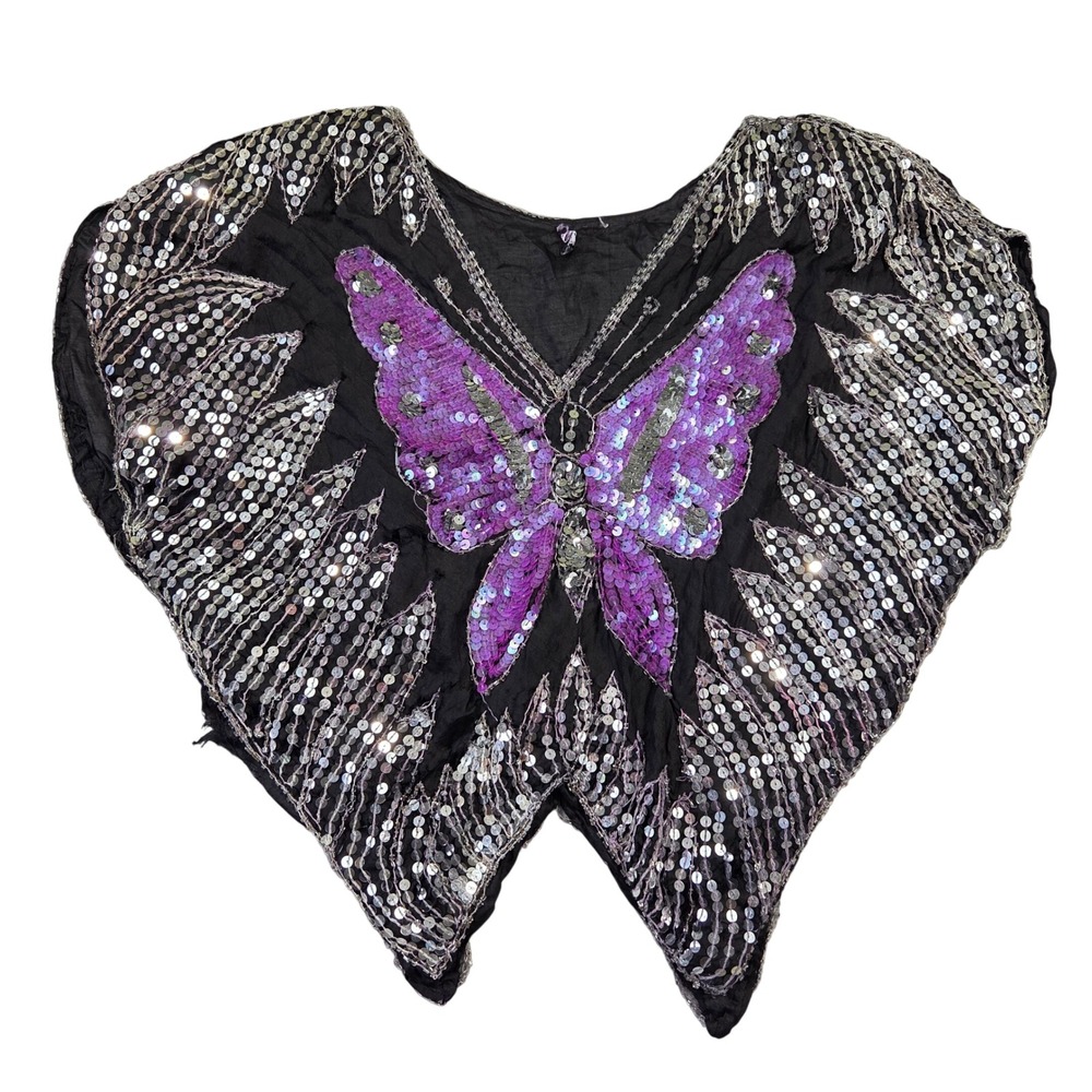Vintage 100% Silk Butterfly Sequin Top Purple Silver Black Y2K Fairycore India‎